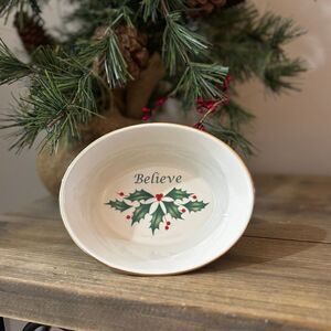 Lenox Believe Christmas Holiday Oval Bowl Porcelain Holly Gold Trim